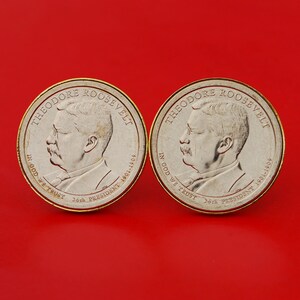US 2013 Presidential Dollar BU Uncirculated Coin Gold Plated Cufflinks NEW - Theodore Roosevelt (1901-1909 Years Served)