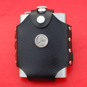 US 1946 ~ 2004 Jefferson Nickel 5 Cent BU Unc Coin Black PU Leather Wrapped Stainless Steel 8 Oz Hip Flask - Liquor, Water, Wine etc.