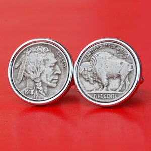 A Pair of US 1913 ~ 1938 Indian Head Buffalo Nickel 5c Silver Plated Cufflinks NEW