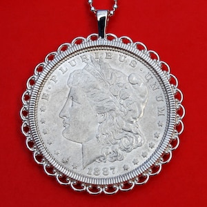 US 1887 Morgan Silver Dollar AU Coin Solid 925 Sterling Silver Necklace NEW