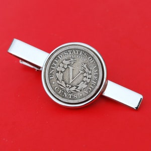 US 1901 ~ 1912 Liberty "V" Nickel 5 Cent Coin Silver Plated Tie Clip Bar Clasp NUEVO