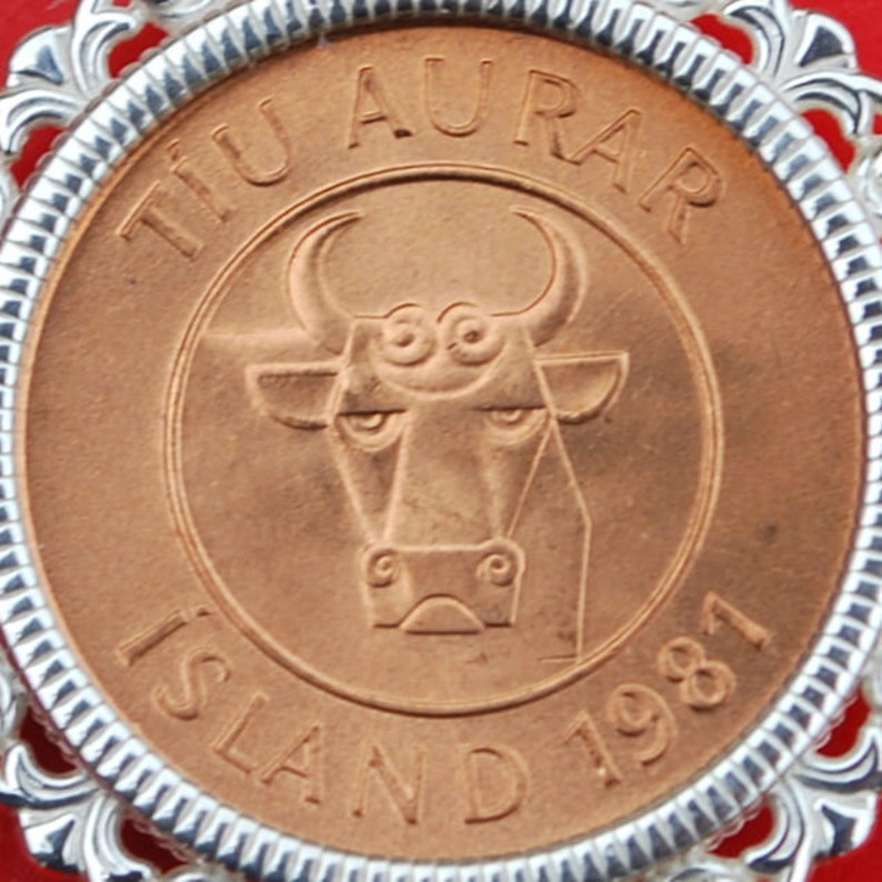 Bull Head 1981 Iceland 10 Aurar BU Uncirculated Coin Solid 925 Sterling Silver Necklace NEW