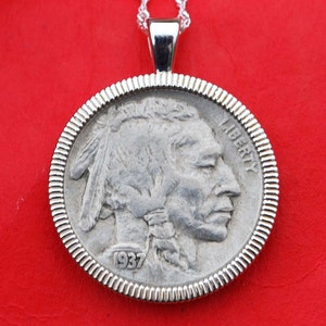 US 1937 Indian Head Buffalo Nickel 5 Cent Coin Solid 925 Sterling Silver Necklace New