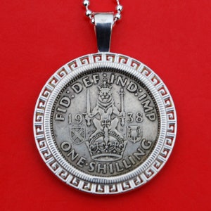 1938 Great Britain 1 Shilling Silver Coin Solid 925 Sterling Silver Necklace NEW - Lion
