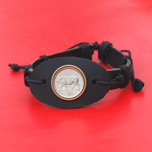 1992 ~ 2000 Irish Ireland 5 Pence Coin Genuine Black Leather Cuff Bangle Wristband Bracelet NEW - Bull