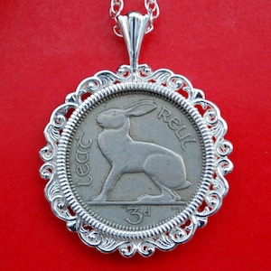 1928  ~ 1969 Irish Ireland 3 Pence Coin Solid 925 Sterling Silver Necklace 18&quot; Chain - Hare Rabbit