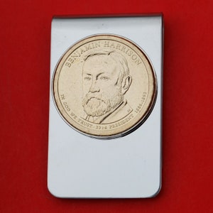 US 2012 Presidential Dollar BU Unc Coin Stainless Steel Silver Money Clip NEW - Benjamin Harrison ( 1889−1893 Years Served )