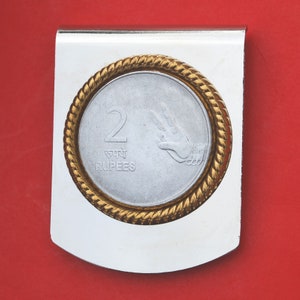 2008 India 2 Rupees Coin Stainless Steel Large Money Clip NEW - Wide Design - Hasta Mudra Hand Gesture from the Dance Bharata Natyam
