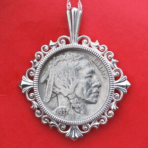 US 1937 Indian Head Buffalo Nickel 5 Cent XF/AU Coin Solid 925 Sterling Silver Necklace New