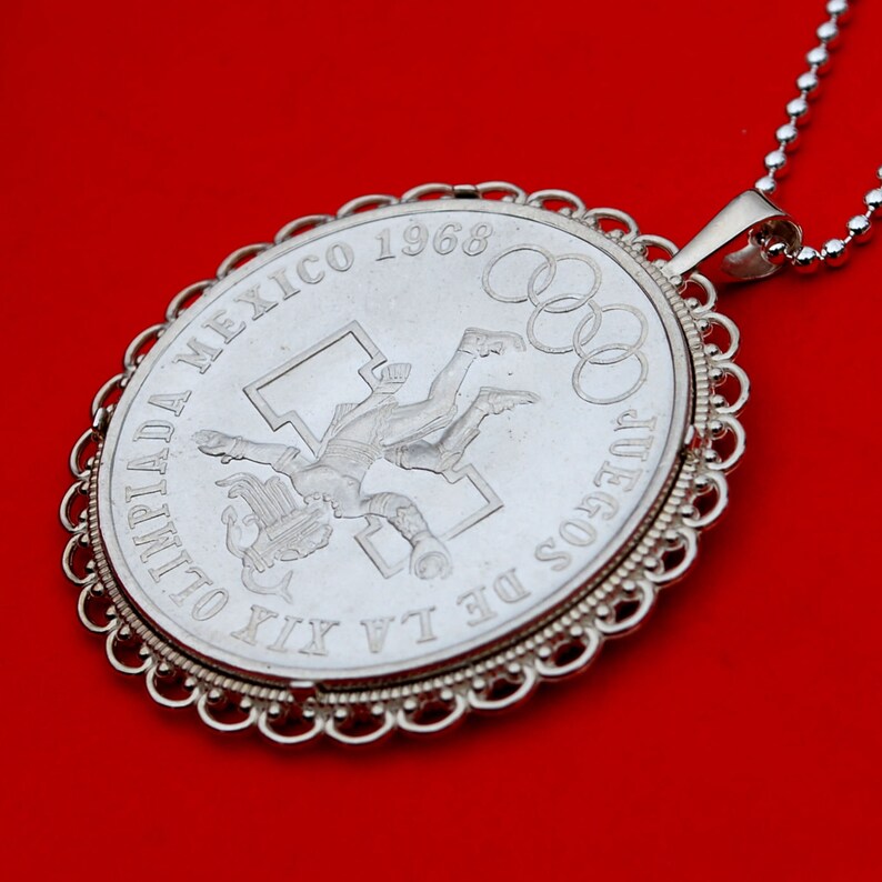 Wide Design National Arms Eagle on Cactus 1968 Mexico Olympic 25 Pesos Silver Coin Ley .720 Silver Coin 925 Sterling Silver Necklace NEW