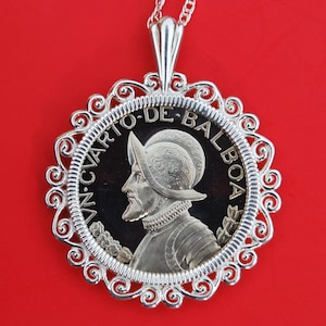 1973 Panama 1/4 Balboas BU Uncirculated Proof Coin Solid 925 Sterling Silver Necklace - Armoured Bust of Vasco Nunez de Balboa