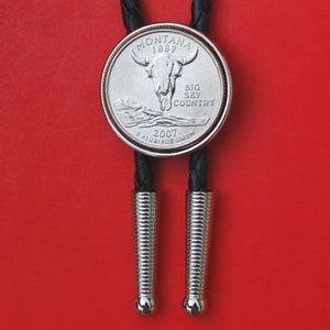 US 2007 State Quarter Simple Silver Slide 36&quot; Black Leatherette Cord Bolo Tie - Wyoming, Washington, Utah, Montana, Idaho