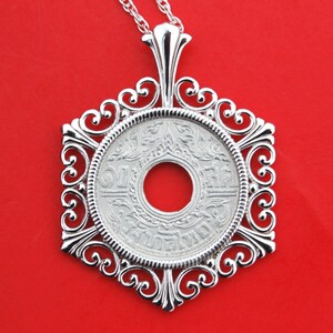 Thailand BE2484 - 1941 Rama VII BU Uncirculated 65% Silver 10 Satang Coin 925 Sterling Silver Necklace NEW - Hole in Center of Design