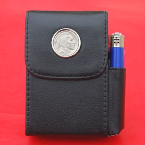 US 1937 Indian Head Buffalo Nickel 5 Cent Coin Black PU Leather Wrapped Stainless Steel Cigarette Box Storage Case with Pouch Lighter Holder