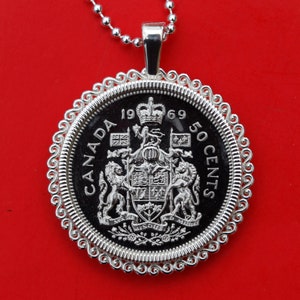 Canada 1968 ~ 1990 BU Uncirculated 50 Cents Coin Canadian Half Dollar 925 Sterling Silver Necklace - The Royal Coat of Arms of Canada