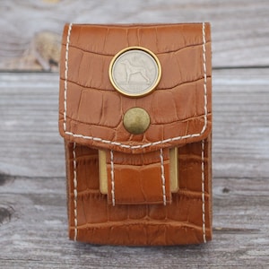1928 ~ 1969 Irish Ireland 6 Pence Wolfhound Greyhound Dog Coin Genuine Leather Cigarette Box Storage Case with Pouch Lighter Holder