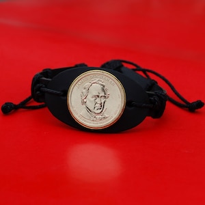 US 2010 Presidential Dollar BU Coin Genuine Black Leather Cuff Bangle Wristband Bracelet NEW - James Buchanan (1857-1861 Years Served)