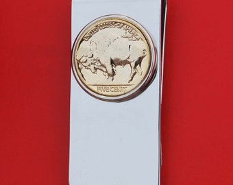 US 1913~1938 Indian Head Buffalo Nickel 5 Cent 24k Gold Plated Coin Stainless Steel Money Clip New 