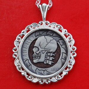 US 2018 Roosevelt Dime Carved Skull Face Zombie Hobo Nickel Style Coin 925 Sterling Silver Necklace NEW