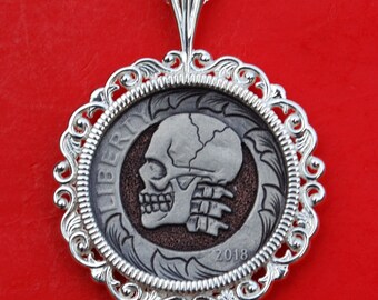 US 2018 Roosevelt Dime Carved Skull Face Zombie Hobo Nickel Style Coin 925 Sterling Silver Necklace NEW