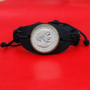 US 1979 ~ 1999 Susan B. Anthony Dollar BU Unc Coin Genuine Black Leather Cuff Bangle Wristband Bracelet NEW