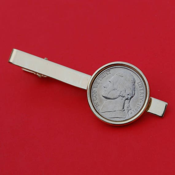 US 1984 Jefferson Nickel 5 Cent BU Uncirculated Coin Gold Plated Tie Clip Clasp NEW 