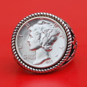 US 1937 Mercury Dime 90% Zilver AU Coin 925 Sterling Silver Signet Ring Nieuw - Bank Note Olive Leaf Design