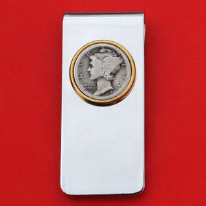 US 1916 ~ 1945 Mercury Dime 90% Silver 10 Cent Coin Solid Brass Gold Silver Two Toned Money Clip New