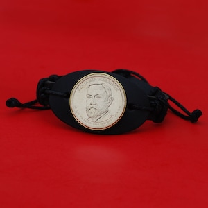 US 2012 Presidential Dollar BU Coin Genuine Black Leather Cuff Bangle Wristband Bracelet NEW - Benjamin Harrison ( 1889−1893 Years Served )