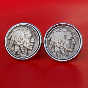 A Pair of US 1938 Indian Head Buffalo Nickel 5 Cent Coin Silver Plated Cufflinks NEW