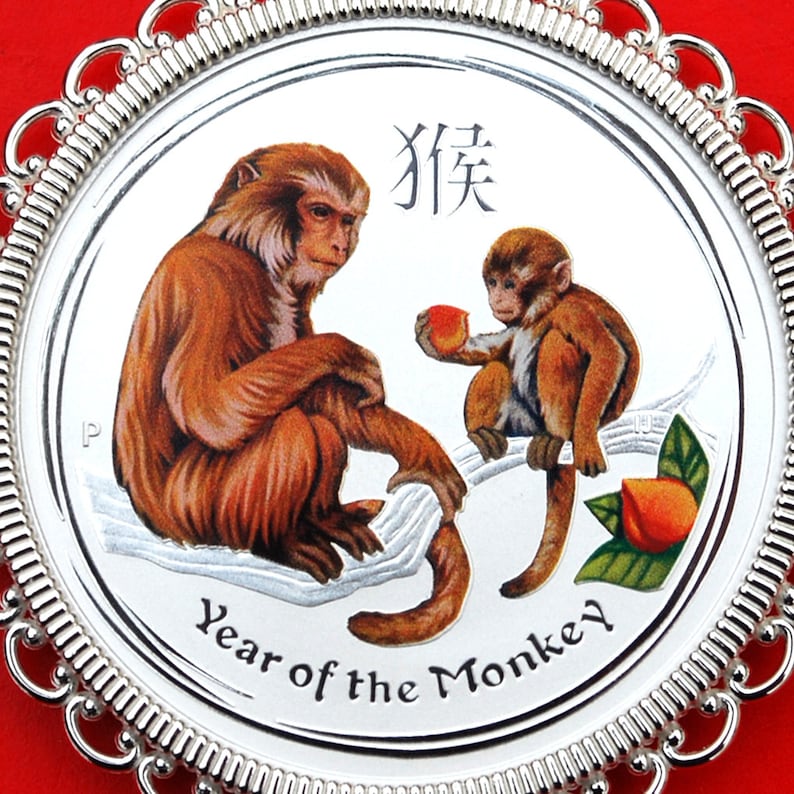 2016 Australia Lunar Chinese Monkey Year 12 oz .999 Fine Silver Round Colorized BU Uncirculated Coin 925 Sterling Silver Necklace NEW