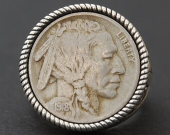 US 1918 Indian Head Buffalo Nickel Coin 925 Sterling Zilveren Zegelring NIEUW - Buffalo Skull Design