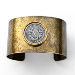 US 1901 - 1912 Liberty&quot;V&quot; Nickel Coin Solid Brass Antique Finish Cuff Bracelet