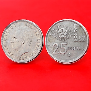 1975 ~ 1984 Spain 25 Pesetas World Cup Soccer Football Coin Silver Cufflinks NEW - Juan Carlos I