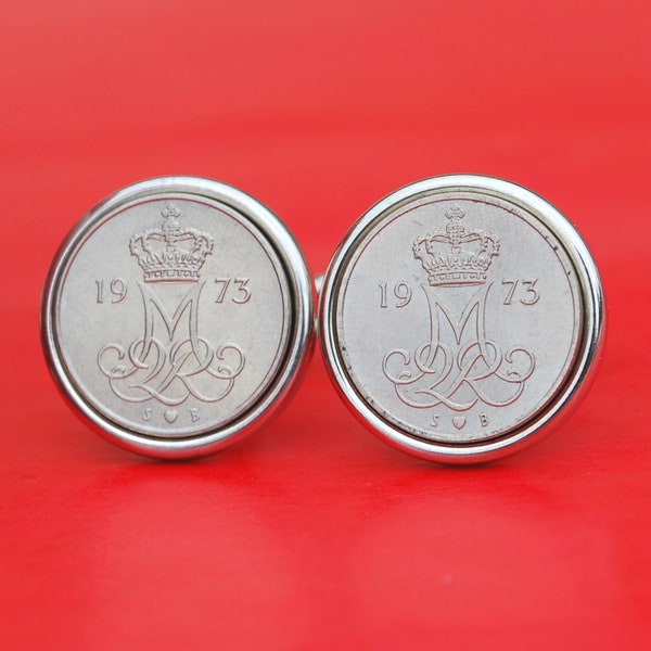1973 Denmark 10 Ore BU Uncirculated Coins Silver Plated Cufflinks NEW - Crowned MIIR Monogram