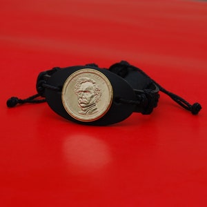 US 2010 Presidential Dollar BU Coin Genuine Black Leather Cuff Bangle Wristband Bracelet NEW - Franklin Pierce (1853-1857 Years Served)
