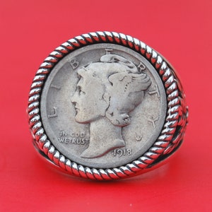 US 1918 Mercury Dime Strong Date 90% Silver Coin 925 Sterling Silver Signet Ring New - Bank Note Olive Leaf Design