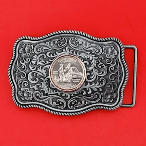 US 2005 State Quarter BU Uncirculated 25 Cent Coin Belt Buckle - Minnesota, California, West Virginia, Kansas, Oregon