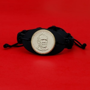 US 2011 Presidential Dollar BU Coin Genuine Black Leather Cuff Bangle Wristband Bracelet NEW - Ulysses S. Grant ( 1869−1877 Years Served )