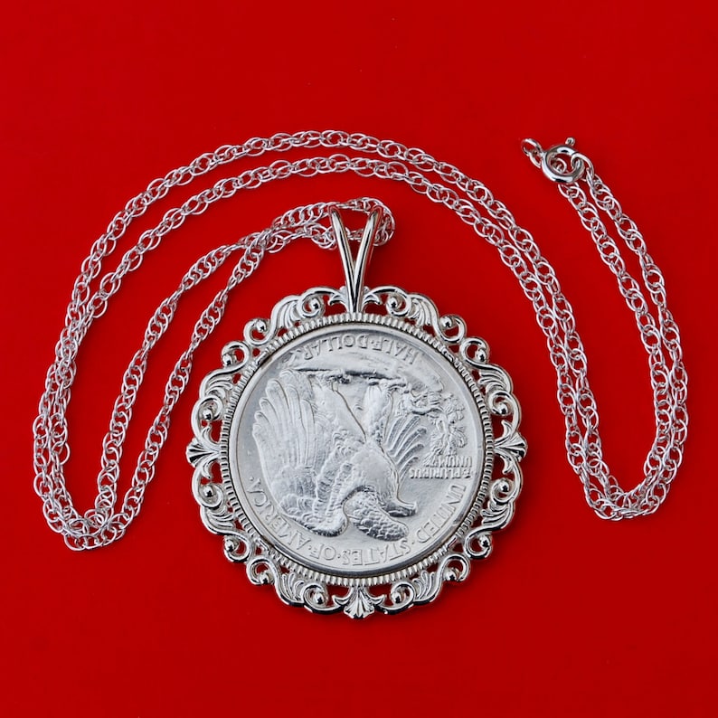 US 1939 Walking Liberty Half Dollar 90/% Silver XFAU Coin Solid 925 Sterling Silver Necklace w 20 Sterling Silver Chain New