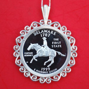 EUA 1999 Delaware State Quarter 90% Prata Proof Moeda Sólida 925 Colar de Prata Esterlina com Corrente de Prata Esterlina de 18&quot; NOVA