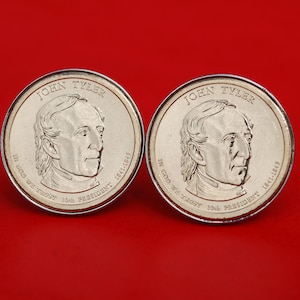 US 2009 Presidential Dollar BU Uncirculated Coin Silver Plated Cufflinks NEW - John Tyler ( 1841−1845 Years Served ) Obverses