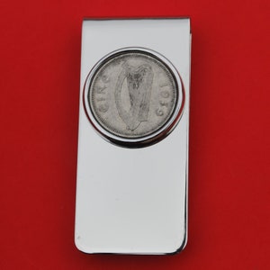 1928 ~ 1968 Irish Ireland 6 Pence Harp Coin Solid Brass Money Clip New - Silver Coin Bezel