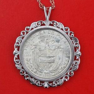 1953 Panama 1/2 Balboa BU Uncirculated Silver Coin Solid 925 Sterling Silver Necklace - National Coat of Arms with 9 Stars Above