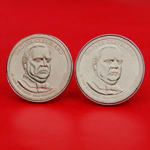 US 2012 Presidential Dollar BU Uncirculated Coin Silver Plated Cufflinks NEW -  Grover Cleveland ( 1885−1889 Years Served ) Obverses