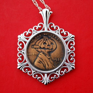 Carved Halloween Pumpkin Head US 1929 Lincoln Penny Small Cent Hobo Nickel Style Coin 925 Sterling Silver Necklace NEW - Jack O' Lantern