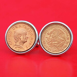 1973 Mexico 5 Cent Centavos BU Uncirculated Coin Silver Cufflinks NEW - National Arms & Portrait of Josefa Ortiz de Domínguez