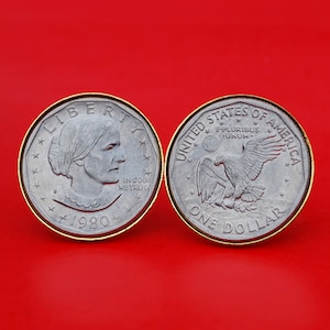 US 1979 ~ 1999 Susan B. Anthony Dollar BU Unc Coin Gold Plated Cufflinks NEW - Obverse + Reverse