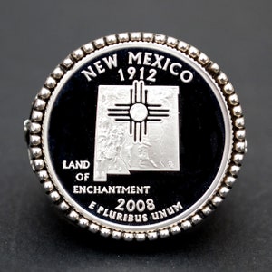 US 2008 New Mexico State Quarter 90% Silver BU Uncirculated Proof Coin 925 Sterling Silver Signet Ring NEW - American Eagle Design