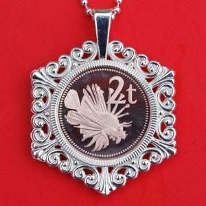 1975 1976 1977 Papua New Guinea 2 Toea Gem Proof Cameo Coin Solid 925 Sterling Silver Necklace NEW - Scorpion fish or lion fish